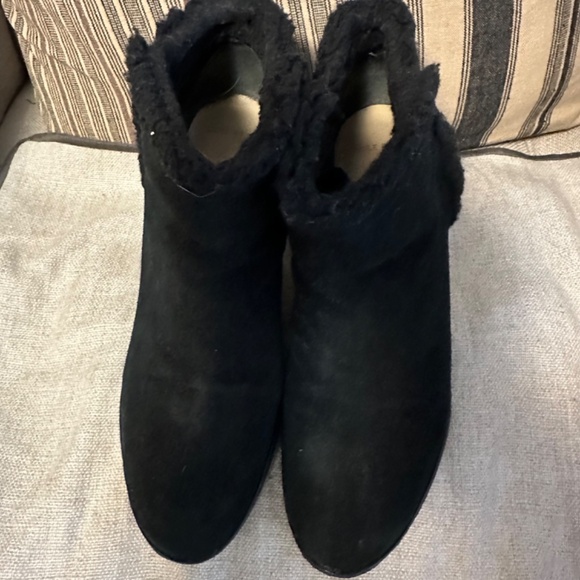 Cole Haan "Michelle" Waterproof Suede Shearling Lined Wedge Ankle Boots in Black - Picture 2 of 4